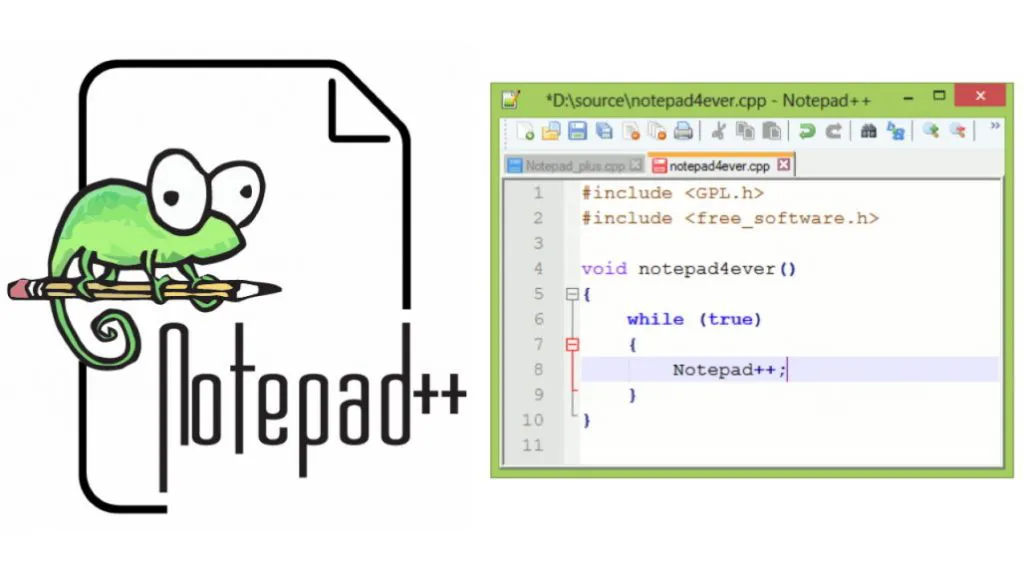 notepad++ logo and main screen of the editor in action