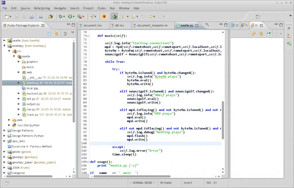 pydev python ide main screen in action